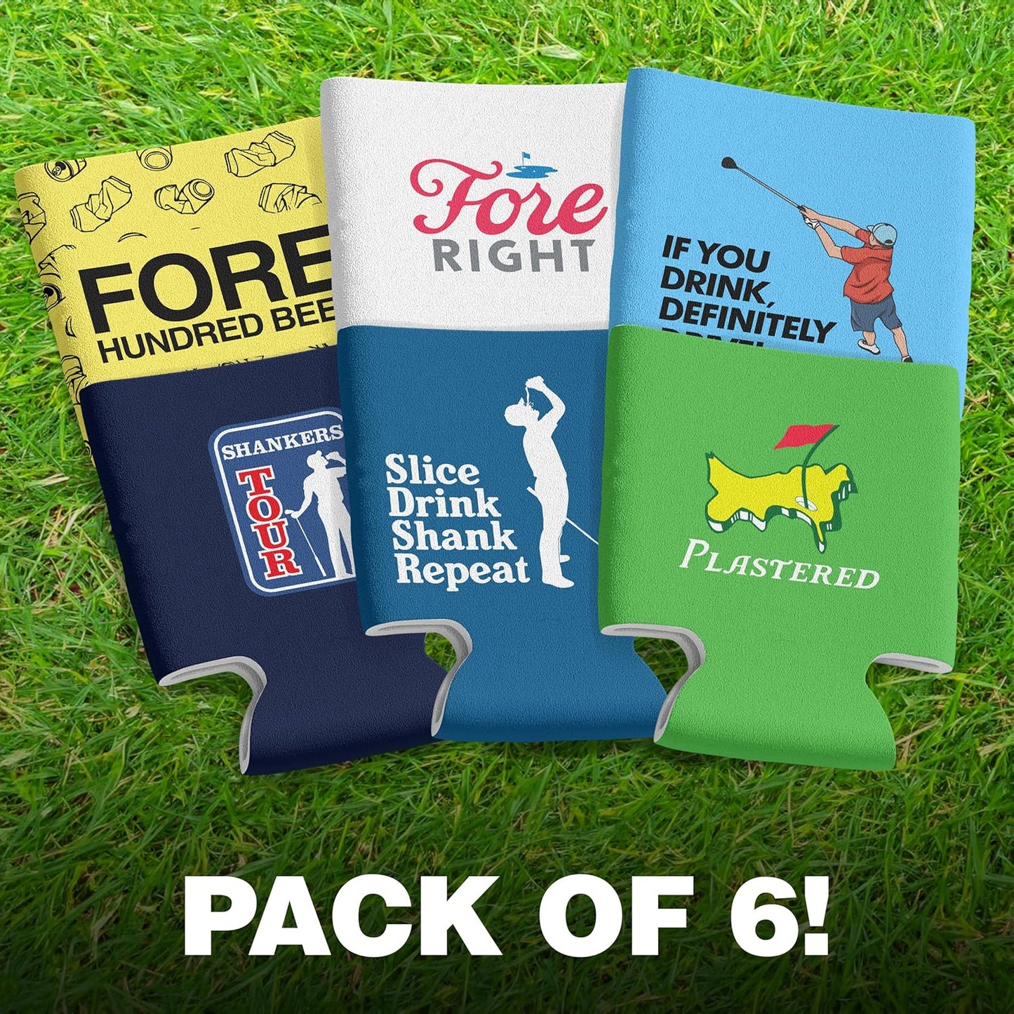 Beer Can Cooler Set - Funny Can Coolers for Golf - Pack of 6 Neoprene Can Coolers - Fits Cans and Bottles - Great Funny Golf Tournament Gift for Golfers