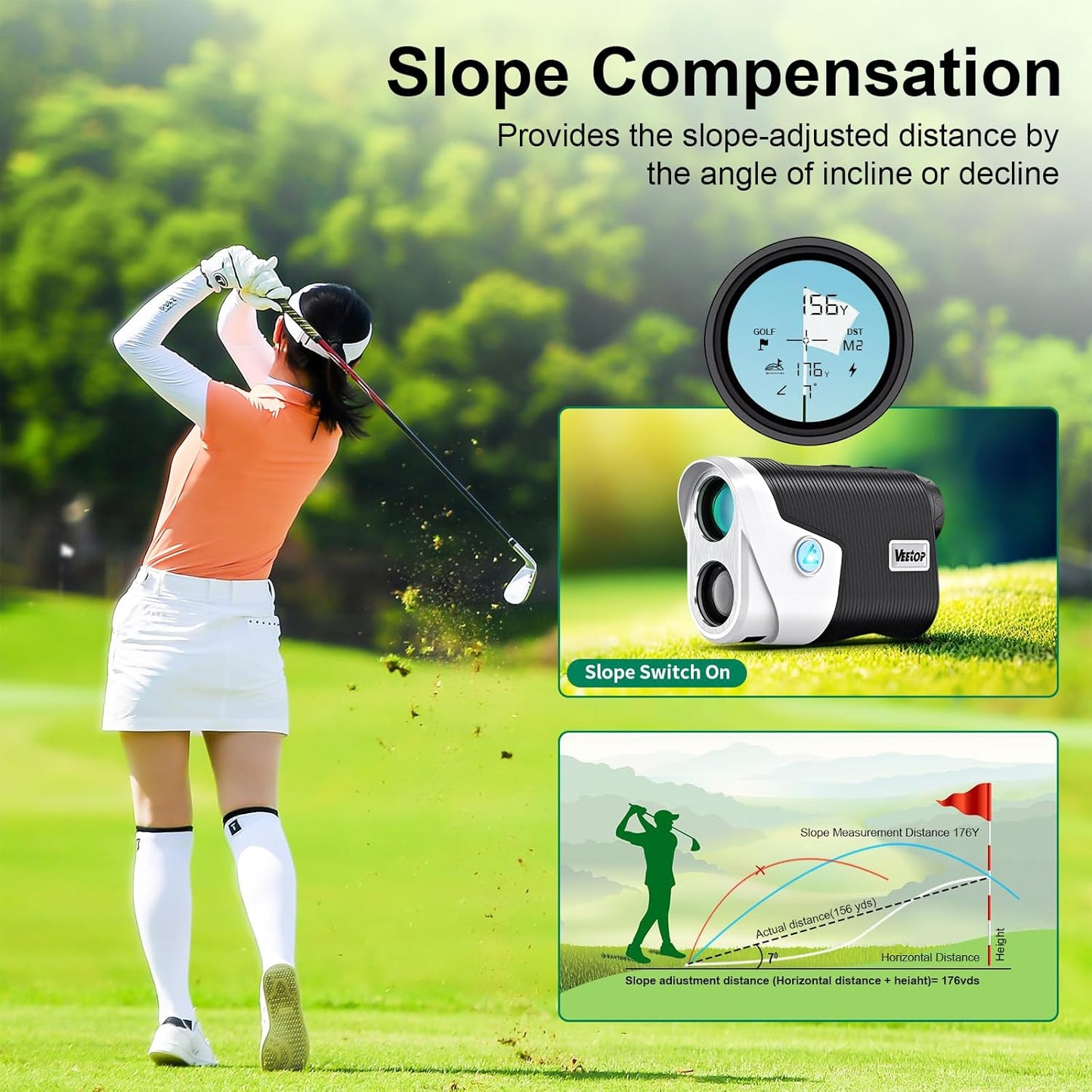 Golf Rangefinder with Slope Switch,1200 Yards & 7X Magnification,Flag Pole Locking,Slope Measurement, Magnetic Mount,Fast Focus Laser Range Finder for Precise Distance Measurement