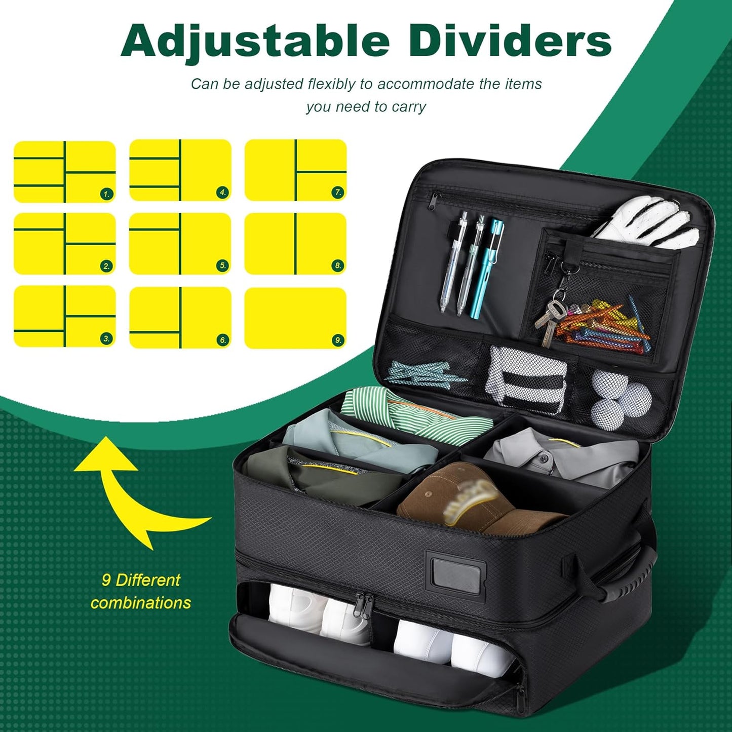 Dual-Layer Golf Trunk Organizer with Ventilated Compartment, Waterproof SUV Storage Solution for Balls, Tees, Apparel, and Accessories - Ideal Gift for Golf Enthusiasts