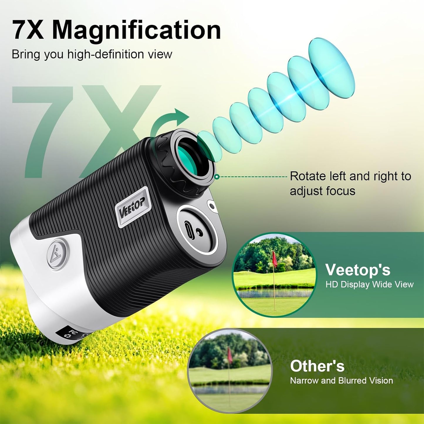 Golf Rangefinder with Slope Switch,1200 Yards & 7X Magnification,Flag Pole Locking,Slope Measurement, Magnetic Mount,Fast Focus Laser Range Finder for Precise Distance Measurement