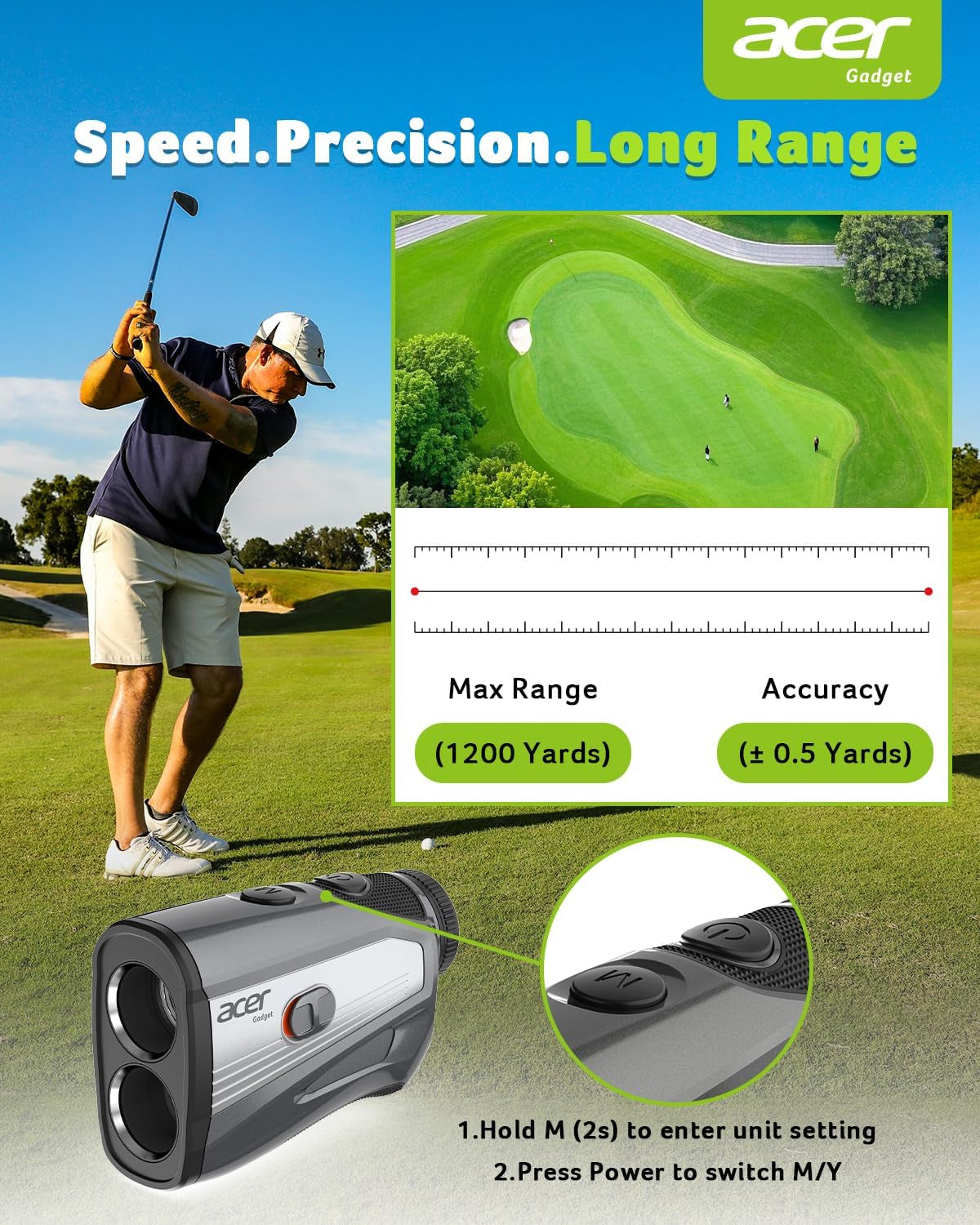 Gadget Golf Rangefinder with Slope - 1200/1700Yards Laser Range Finder for Hunting, 6X Magnification Rangefinders Golf with Flag Pole Locking Vibration, Rechargeable Magnetic Golfing Gift for Men