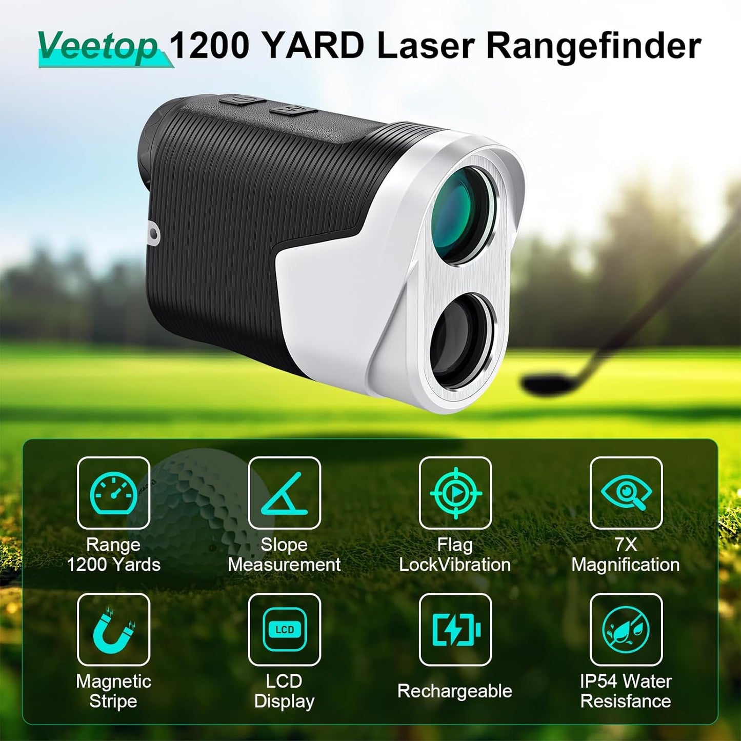 Golf Rangefinder with Slope Switch,1200 Yards & 7X Magnification,Flag Pole Locking,Slope Measurement, Magnetic Mount,Fast Focus Laser Range Finder for Precise Distance Measurement
