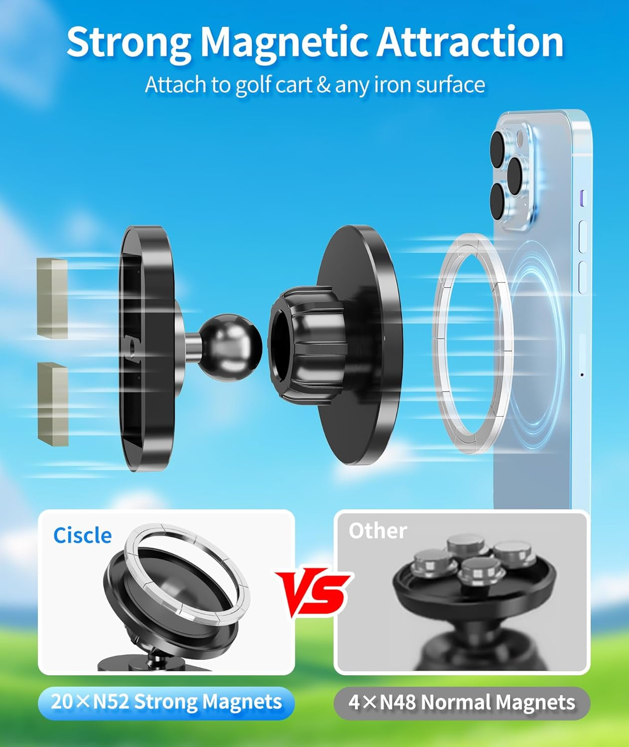 Magnetic Golf Cart Phone Holder, Aluminum Phone Mount with N52 Magnets, Golf Cart Accessories Compatible with Magsafe Iphone 16 Pro Max plus 15 14 13 12 (Magnetic Phone Holder)