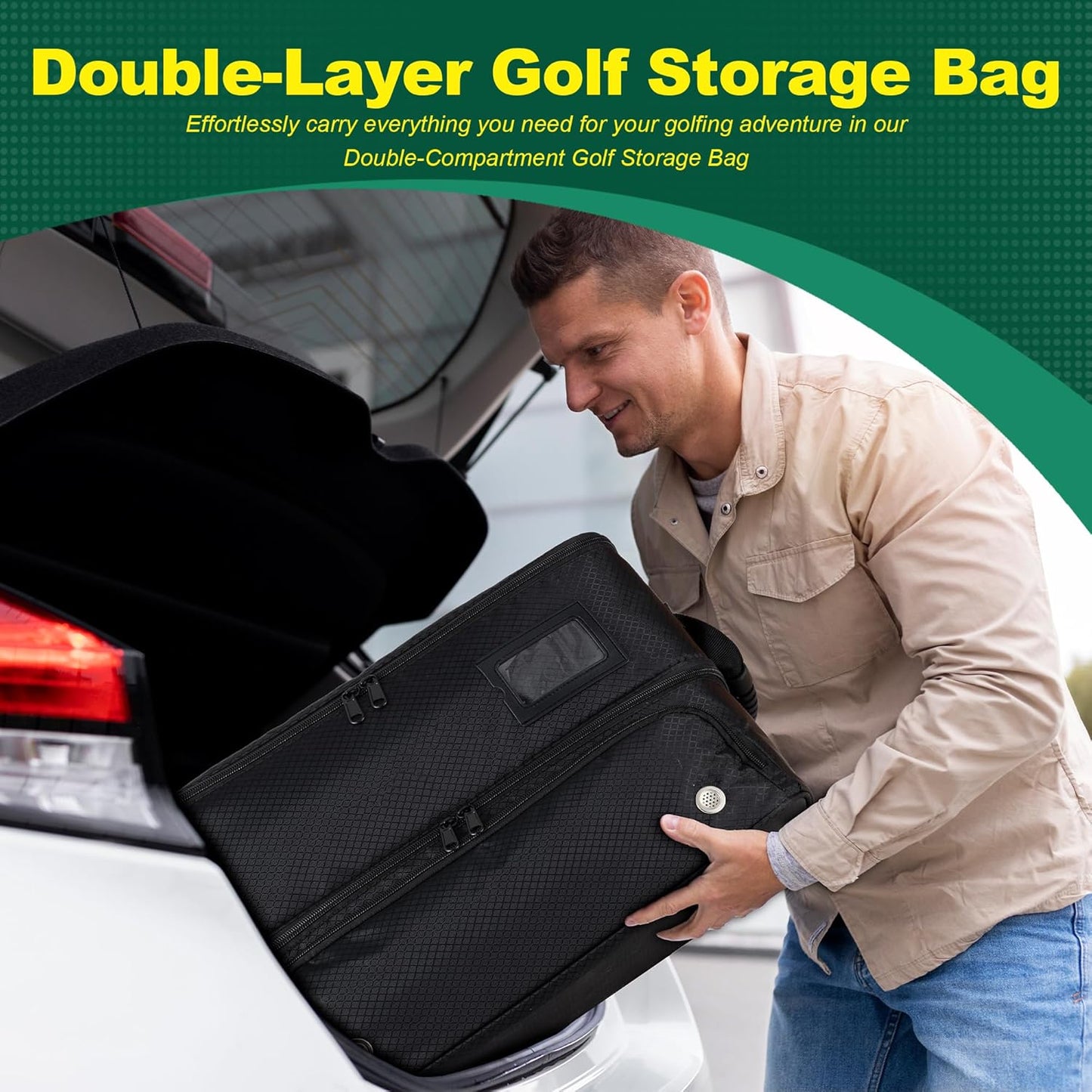 Dual-Layer Golf Trunk Organizer with Ventilated Compartment, Waterproof SUV Storage Solution for Balls, Tees, Apparel, and Accessories - Ideal Gift for Golf Enthusiasts