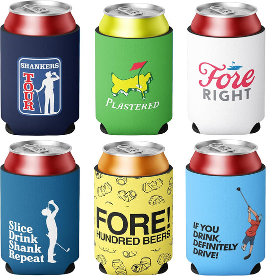 Beer Can Cooler Set - Funny Can Coolers for Golf - Pack of 6 Neoprene Can Coolers - Fits Cans and Bottles - Great Funny Golf Tournament Gift for Golfers