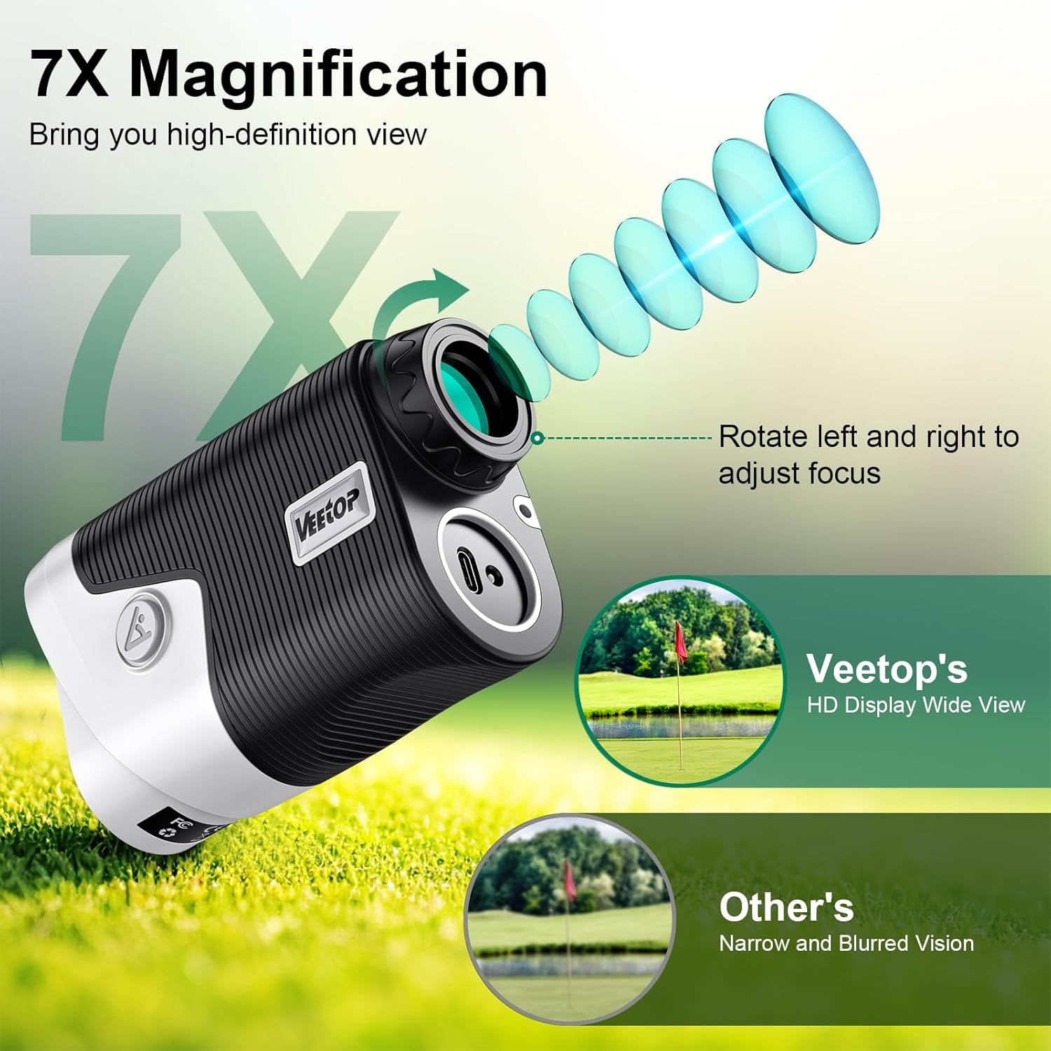 Golf Rangefinder with Slope Switch,1200 Yards & 7X Magnification,Flag Pole Locking,Slope Measurement, Magnetic Mount,Fast Focus Laser Range Finder for Precise Distance Measurement