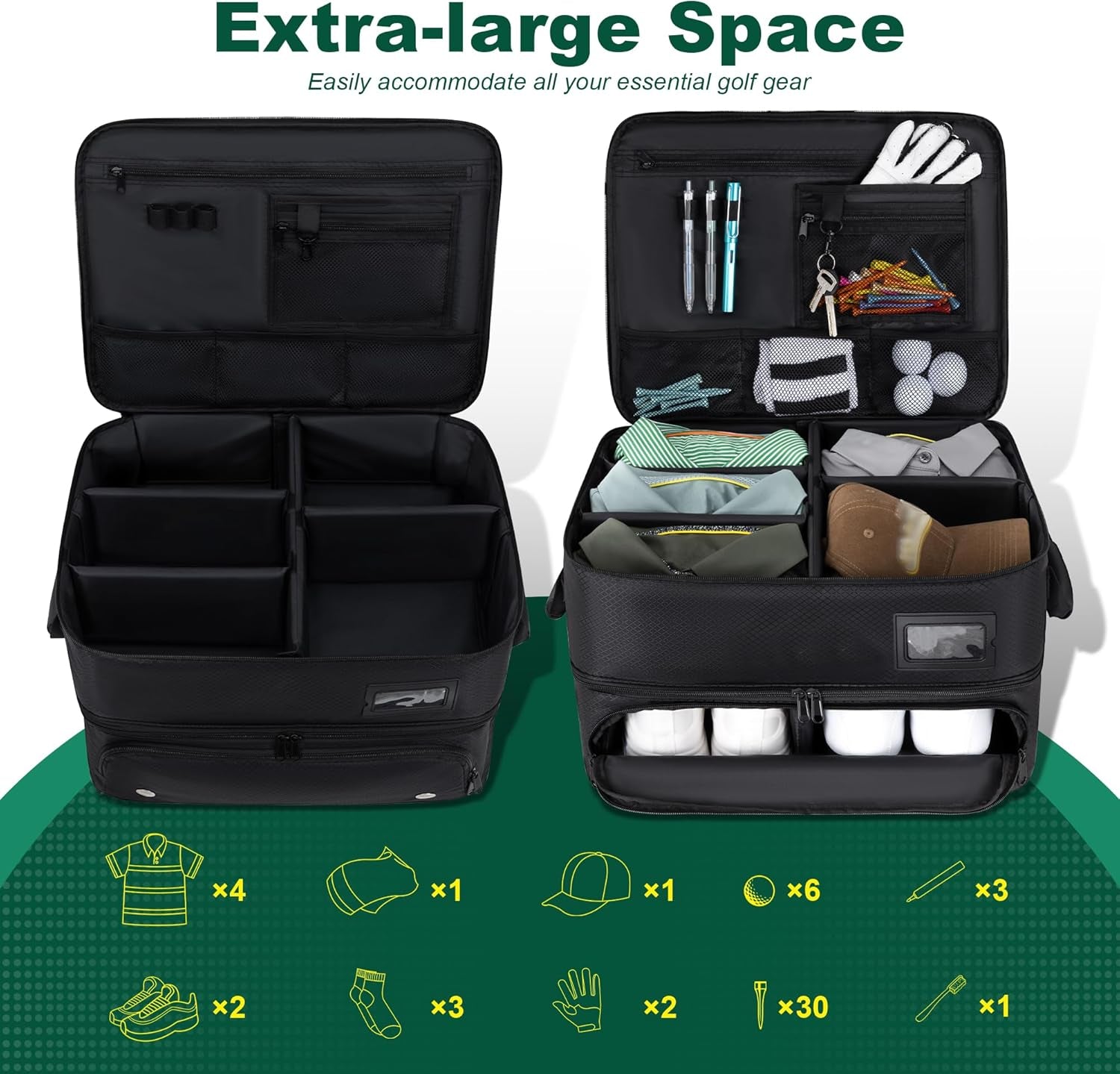 Dual-Layer Golf Trunk Organizer with Ventilated Compartment, Waterproof SUV Storage Solution for Balls, Tees, Apparel, and Accessories - Ideal Gift for Golf Enthusiasts